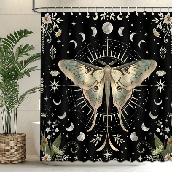 Mystical Moth Shower Curtain - Black and Cream - Picture 1 of 4